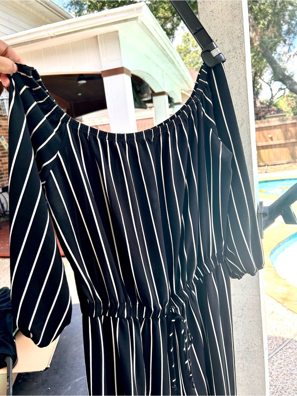 Haute Monde Black and White Striped Off-Shoulder Jumpsuit